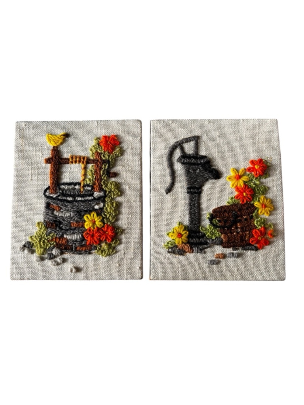 Vintage Sunset Designs Jiffy Stitchery, crewel embroidery art pieces. 1970’s
